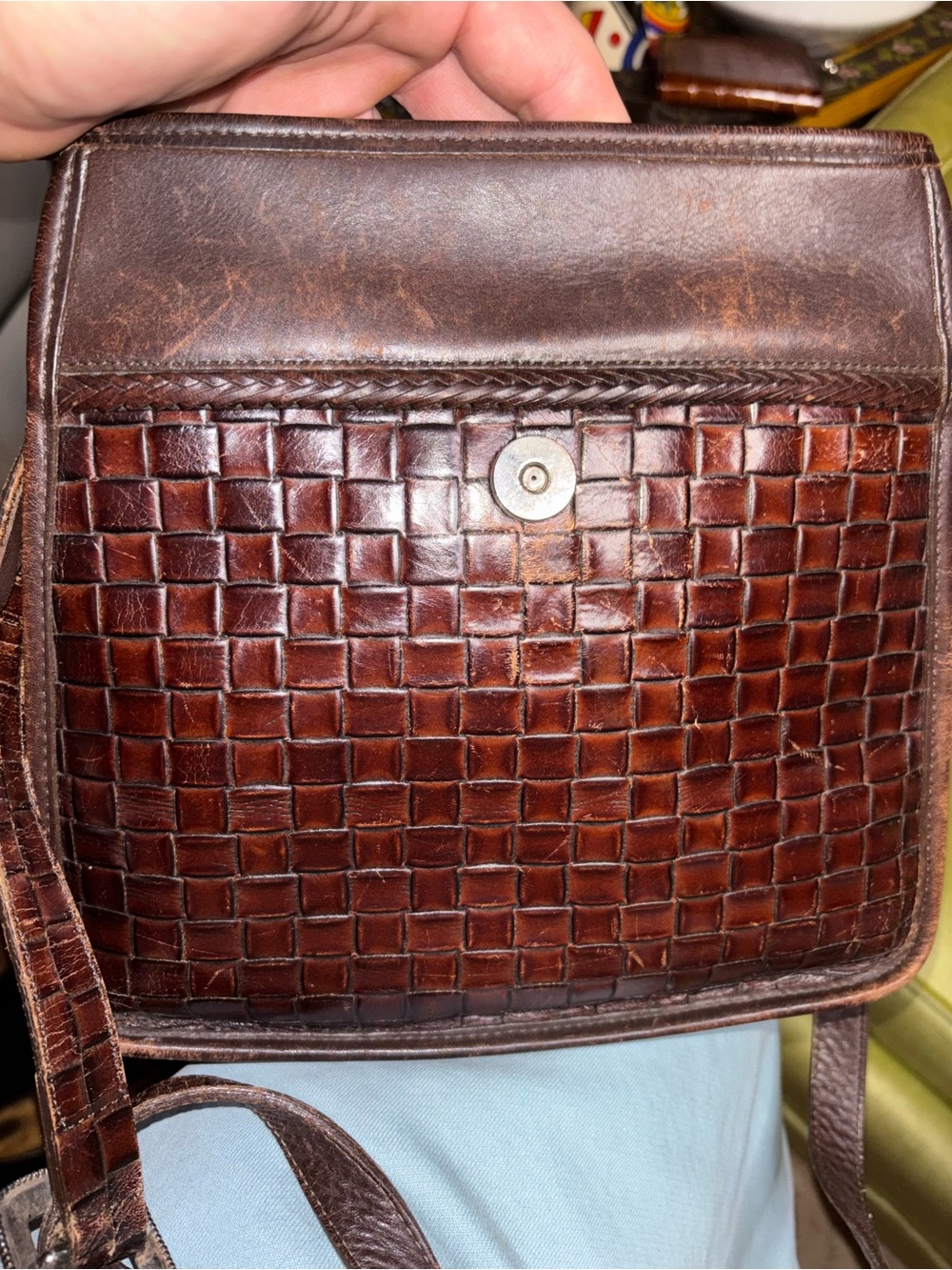 Brighton Brown Leather Crossbody Purse  Basketweave  Magnetic Snap  9"x9" - Picture 6 of 10